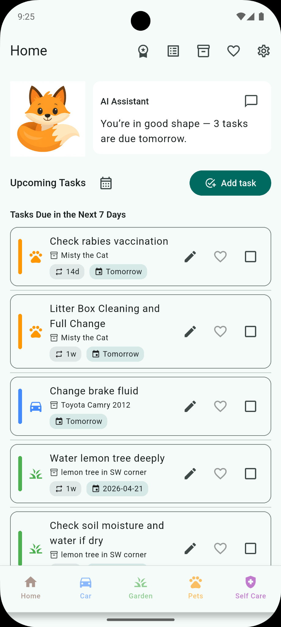 ReadyFox dashboard showing upcoming tasks